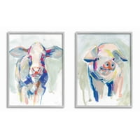 Šarene slike životinja s farme krava i svinja u sivim okvirima, zidni tisak, set od 2, 11.14