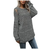Rasprodaja ženska pletiva s okruglim vratom dugih rukava poderani šuplji pulover džemper ležerna duga pletena džemper haljina