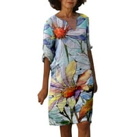 Ženska haljina casual s izrezom u obliku slova U i cvjetnim printom srednje duljine od pamuka i lana Casual haljina srednjih rukava
