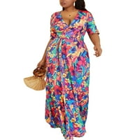 Haljina A kroja s izrezom u obliku slova B i tropskim boho printom, Plus Size haljine kratkih rukava, Plus Size haljine